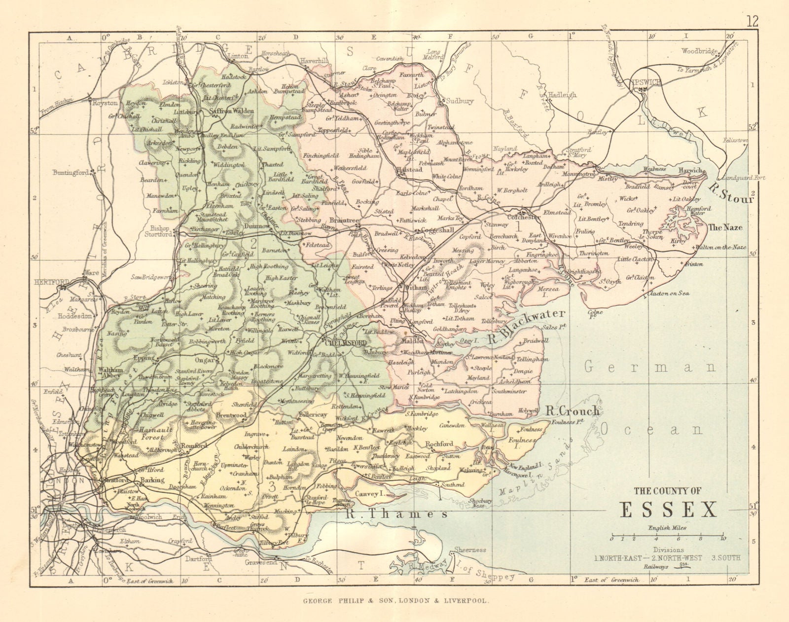 ESSEX. Antique county map. Railways. Constituencies. PHILIP 1884 old